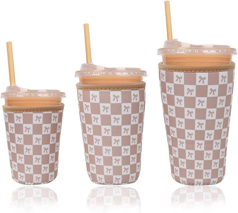Haevola Reusable Insulated Neoprene Iced Coffee Cup Sleeve, Durable Drink Sleeve for Cold Beverages, Beverage Holder for Iced Coffee, Caramel Checkered Bows - Image 1